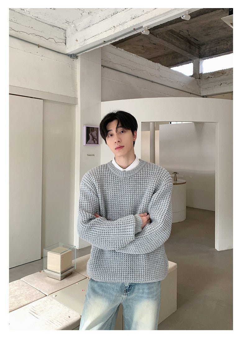 ワッフル編み ルーズクルーネックニット