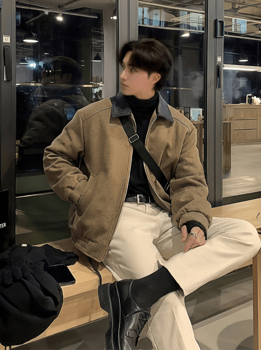 レザーカラー ウールショートジャケット